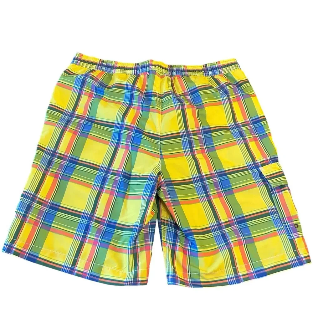 Chaps Plaid Swim Trunks Men’s Medium Bright Madras Board Shorts Yellow Blue NWT